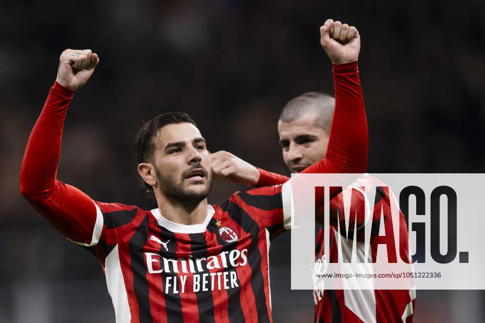 AC Milan v US Lecce - Serie A Theo Hernandez of AC Milan celebrates with Alvaro Morata of AC Milan after scoring a goal during the Serie A football match between AC Milan and US Lecce. Milan Italy