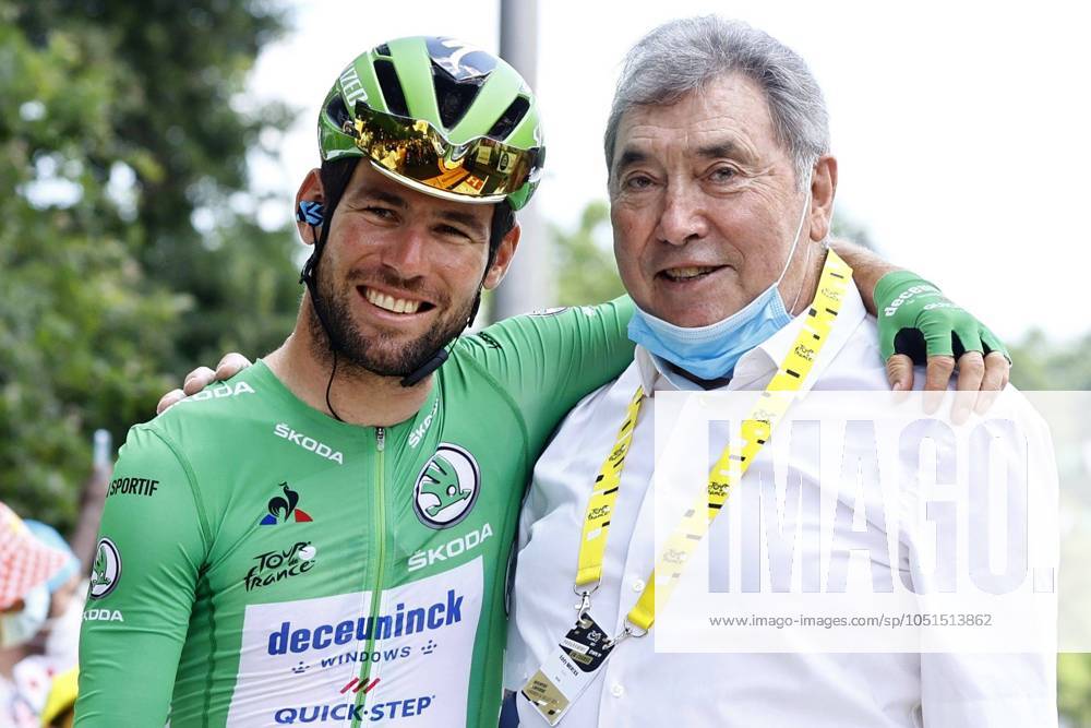 Tour de France 2021 - stage 19 LIBOURNE, FRANCE - JULY 16 : CAVENDISH Mark (GBR) of DECEUNINCK - QUICK-STEP & MERCKX Eddy (BEL) cycling legend of Belgium during stage 19 of the 108th edition of the 2021 Tour de France cycling race, a stage of 207 kms between Mourenx and Libourne. on July 16, 2021 in Libourne, France, 16 07 2021 Libourne France
