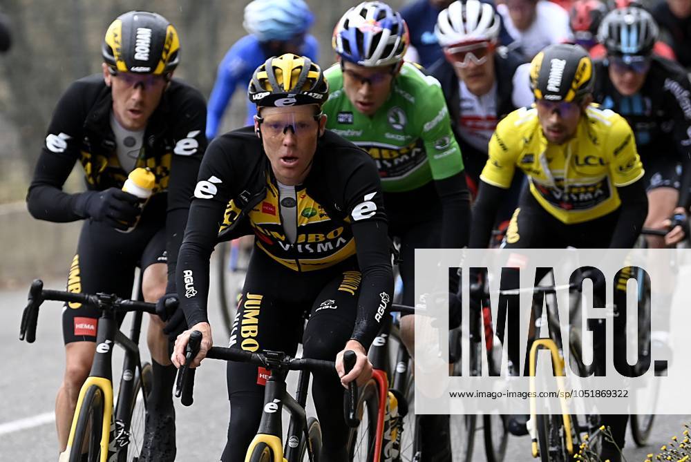 Paris - Nice 2022 - stage 8 NICE, FRANCE - MARCH 13 : Kruijswijk Steven (NED) of Team Jumbo-Visma, Dennis Rohan (AUS) of Team Jumbo-Visma, Van Aert Wout (BEL) of Team Jumbo-Visma & Roglic Primoz (SLO) of Team Jumbo-Visma during stage 8 and final stage of the 80th edition of the Paris - Nice cycling race, a stage of 115,6km with start and finish in Nice on March 13, 2022 in Nice, France, 13 03 2022 ( Motordriver Kenny Verfaillie - Nice France