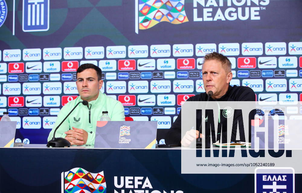 Republic of Ireland press conference, PK, Pressekonferenz Georgios Karaiskakis Stadium, Athens, Greece 12 10 2024 Head Coach Heimir Hallgrimsson and Josh Cullen Heimir Hallgrimsson and Josh Cullen 12 10 2024