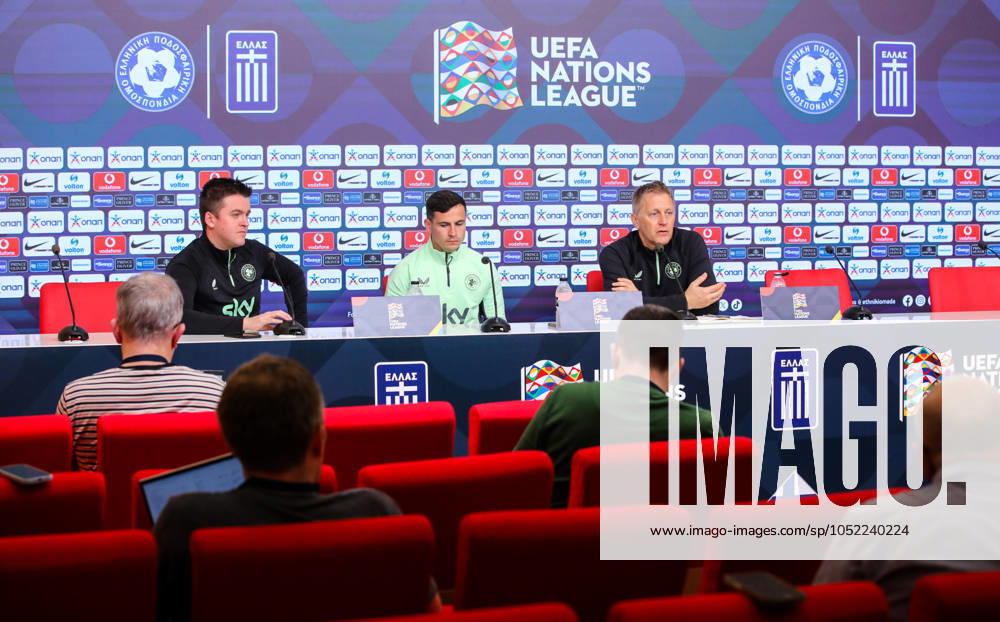 Republic of Ireland press conference, PK, Pressekonferenz Georgios Karaiskakis Stadium, Athens, Greece 12 10 2024 Head Coach Heimir Hallgrimsson and Josh Cullen Heimir Hallgrimsson and Josh Cullen 12 10 2024