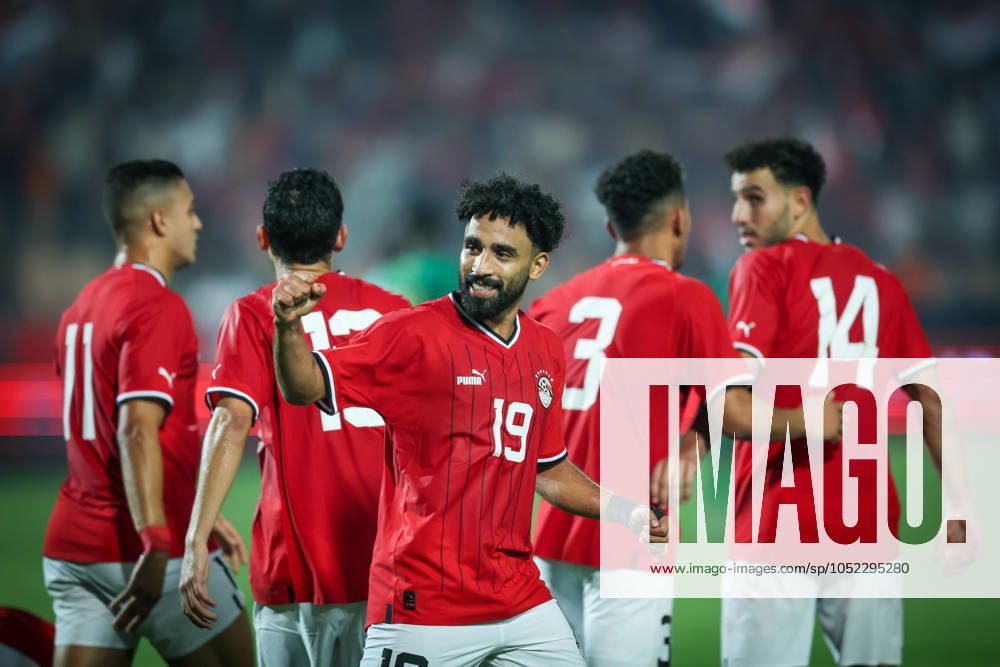 Egypt vs Mauritania - Africa Cup Of Nations Qualifier Mohamed Salah of Egypt celebrates with a teammate after scoring the second goal during the Africa Cup of Nations Qualifiers 2025, match number 61, between Egypt and Mauritania at Cairo International Stadium in Cairo, Egypt, on October 11, 2024. Cairo Egypt