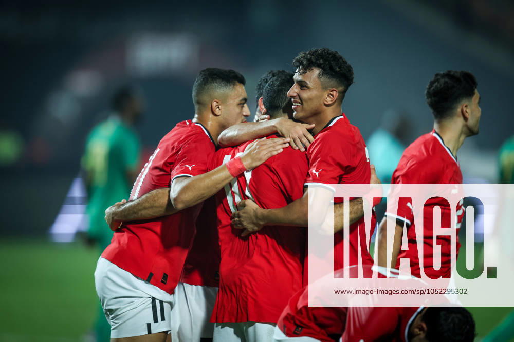 Egypt vs Mauritania - Africa Cup Of Nations Qualifier Mohamed Salah of Egypt celebrates with a teammate after scoring the second goal during the Africa Cup of Nations Qualifiers 2025, match number 61, between Egypt and Mauritania at Cairo International Stadium in Cairo, Egypt, on October 11, 2024. Cairo Egypt