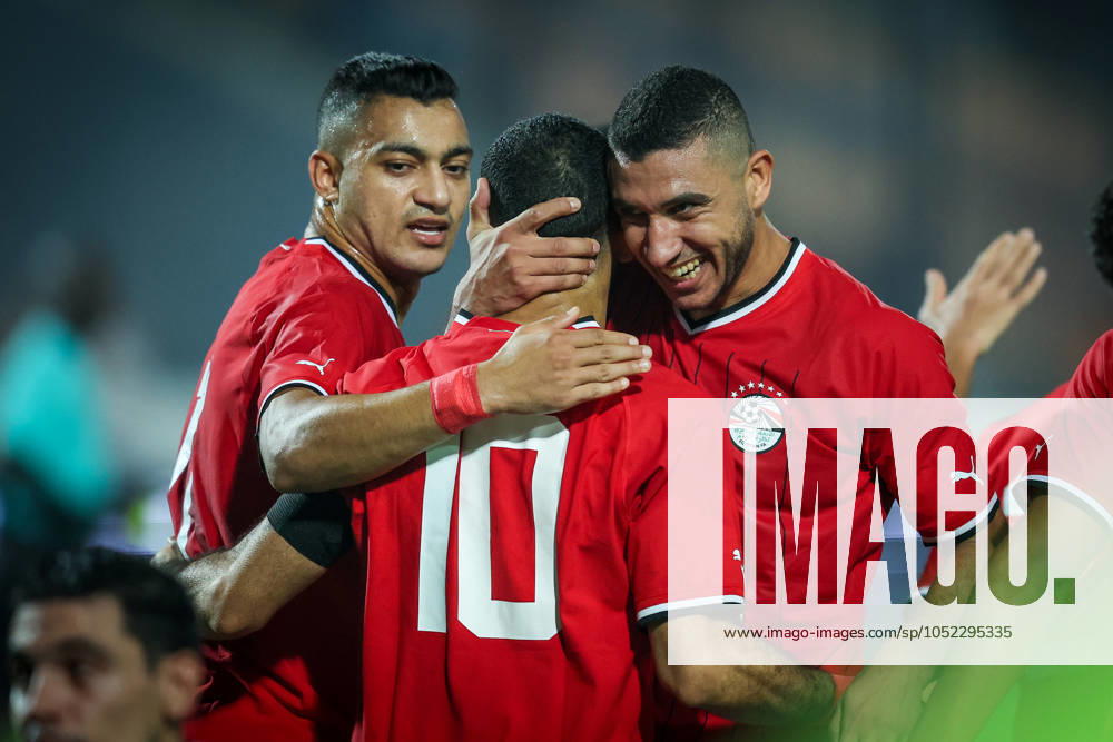 Egypt vs Mauritania - Africa Cup Of Nations Qualifier Mohamed Salah of Egypt celebrates with a teammate after scoring the second goal during the Africa Cup of Nations Qualifiers 2025, match number 61, between Egypt and Mauritania at Cairo International Stadium in Cairo, Egypt, on October 11, 2024. Cairo Egypt