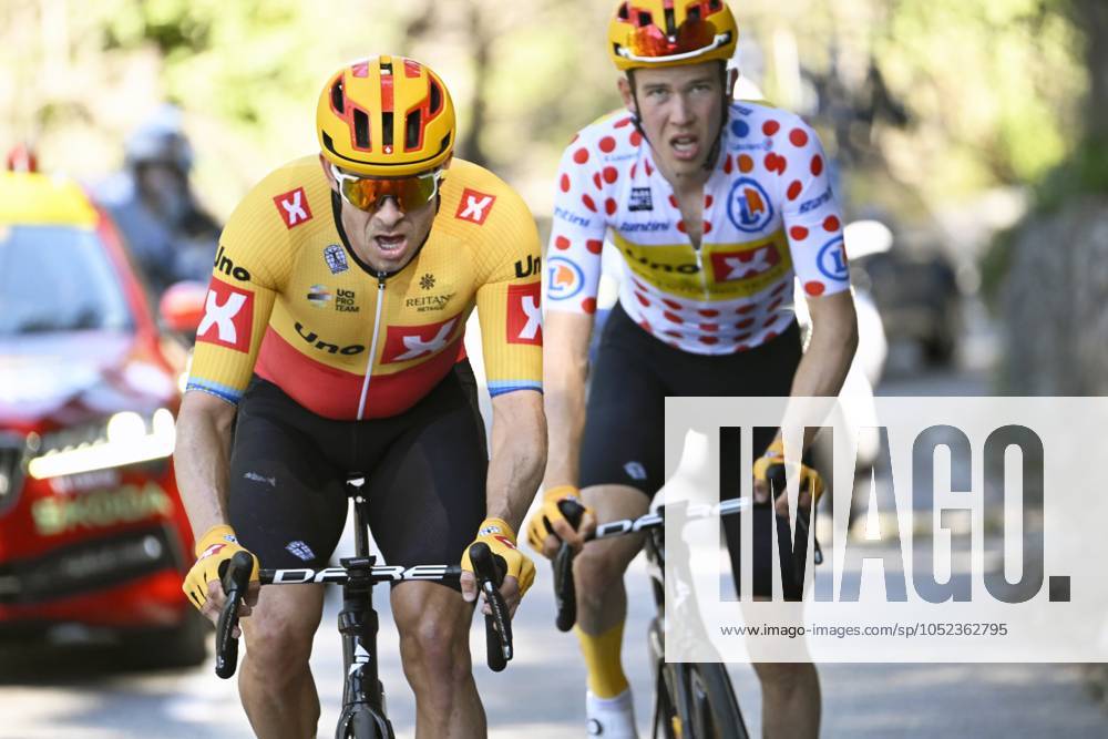 Paris - Nice 2023 - stage 8 NICE, FRANCE - MARCH 12 : Kristoff Alexander (NOR) of Uno-X Pro Cycling Team and Gregaard Jonas (DEN) of Uno-X Pro Cycling Team during stage 8 and final stage of the 81th edition of the Paris - Nice cycling race, a stage of 117,5km with start and finish in Nice on March 12, 2023 in Nice, France, 12 03 2023 ( Motordriver Kenny Verfaillie - Nice France