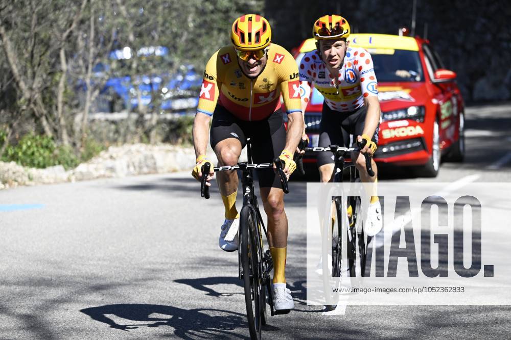 Paris - Nice 2023 - stage 8 NICE, FRANCE - MARCH 12 : Kristoff Alexander (NOR) of Uno-X Pro Cycling Team and Gregaard Jonas (DEN) of Uno-X Pro Cycling Team during stage 8 and final stage of the 81th edition of the Paris - Nice cycling race, a stage of 117,5km with start and finish in Nice on March 12, 2023 in Nice, France, 12 03 2023 ( Motordriver Kenny Verfaillie - Nice France