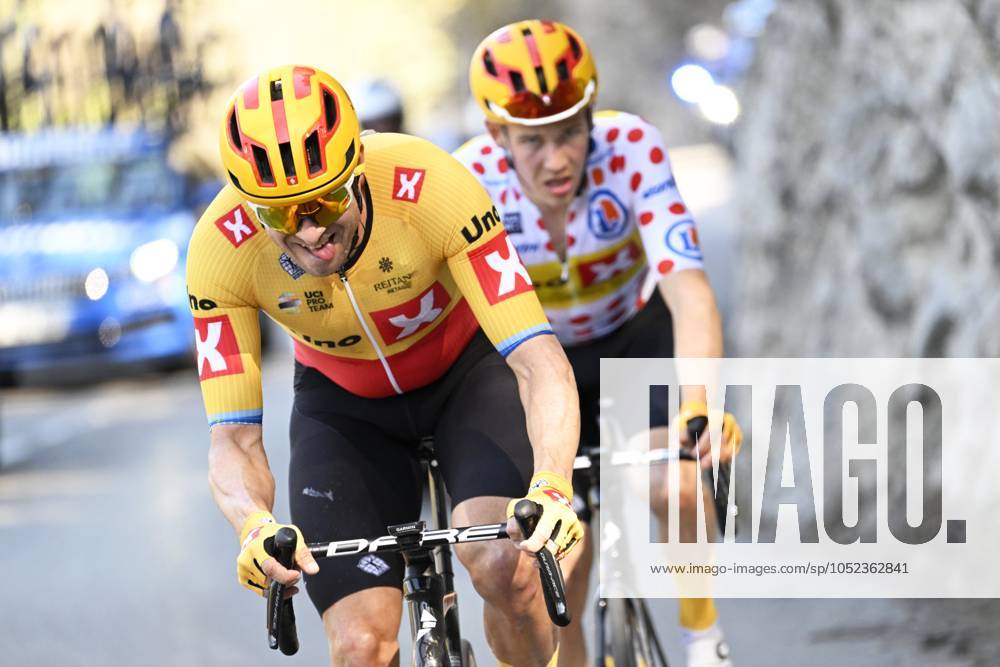 Paris - Nice 2023 - stage 8 NICE, FRANCE - MARCH 12 : Kristoff Alexander (NOR) of Uno-X Pro Cycling Team and Gregaard Jonas (DEN) of Uno-X Pro Cycling Team during stage 8 and final stage of the 81th edition of the Paris - Nice cycling race, a stage of 117,5km with start and finish in Nice on March 12, 2023 in Nice, France, 12 03 2023 ( Motordriver Kenny Verfaillie - Nice France