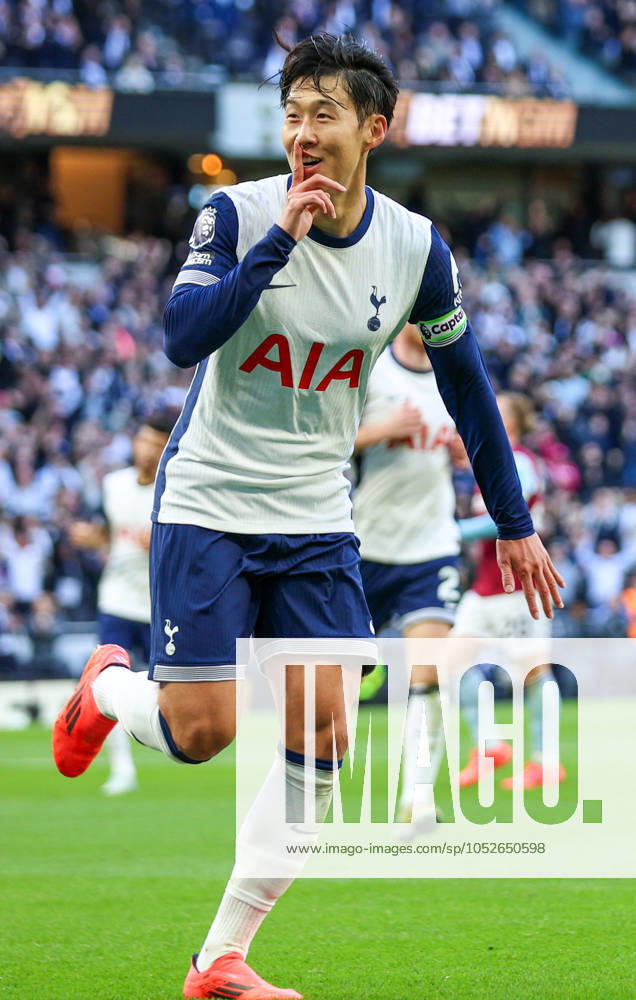Tottenham Hotspur FC v West Ham United FC Heung-Min Son of Tottenham Hotspur scores a GOAL 4-1 and celebrates during the Tottenham Hotspur FC v West Ham United FC English Premier League match at the Tottenham Hotspur Stadium, London, England, United Kingdom on 19 October 2024 Editorial use only. All images are copyright Every Second Media Limited. No images may be reproduced without prior permission. All rights reserved. Premier League and Football League images are subject to licensing agreements with Football DataCo Limited. see https: www.football-dataco.com