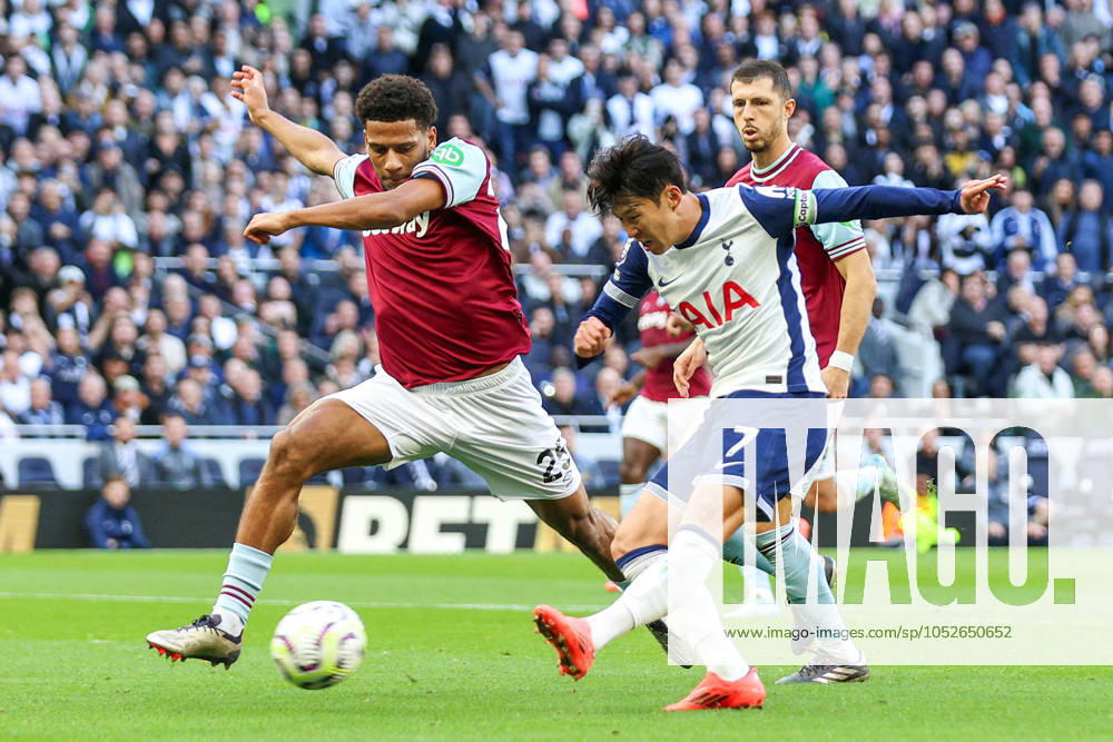 Tottenham Hotspur FC v West Ham United FC Heung-Min Son of Tottenham Hotspur scores a GOAL 4-1 and celebrates during the Tottenham Hotspur FC v West Ham United FC English Premier League match at the Tottenham Hotspur Stadium, London, England, United Kingdom on 19 October 2024 Editorial use only. All images are copyright Every Second Media Limited. No images may be reproduced without prior permission. All rights reserved. Premier League and Football League images are subject to licensing agreements with Football DataCo Limited. see https: www.football-dataco.com