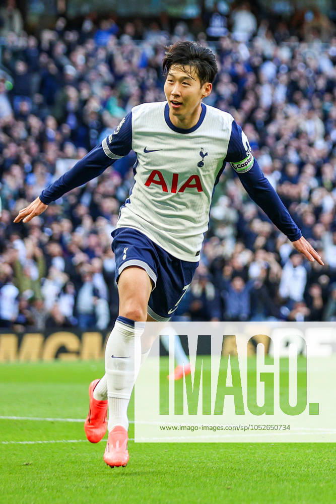 Tottenham Hotspur FC v West Ham United FC Heung-Min Son of Tottenham Hotspur scores a GOAL 4-1 and celebrates during the Tottenham Hotspur FC v West Ham United FC English Premier League match at the Tottenham Hotspur Stadium, London, England, United Kingdom on 19 October 2024 Editorial use only. All images are copyright Every Second Media Limited. No images may be reproduced without prior permission. All rights reserved. Premier League and Football League images are subject to licensing agreements with Football DataCo Limited. see https: www.football-dataco.com