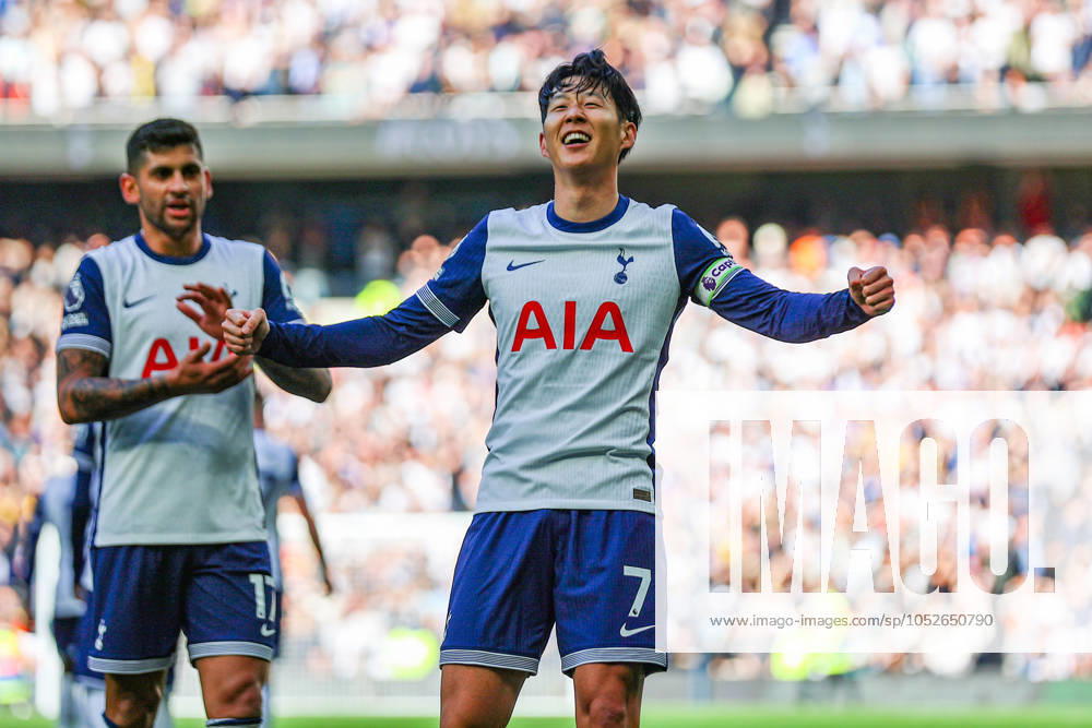 Tottenham Hotspur FC v West Ham United FC Heung-Min Son of Tottenham Hotspur scores a GOAL 4-1 and celebrates during the Tottenham Hotspur FC v West Ham United FC English Premier League match at the Tottenham Hotspur Stadium, London, England, United Kingdom on 19 October 2024 Editorial use only. All images are copyright Every Second Media Limited. No images may be reproduced without prior permission. All rights reserved. Premier League and Football League images are subject to licensing agreements with Football DataCo Limited. see https: www.football-dataco.com