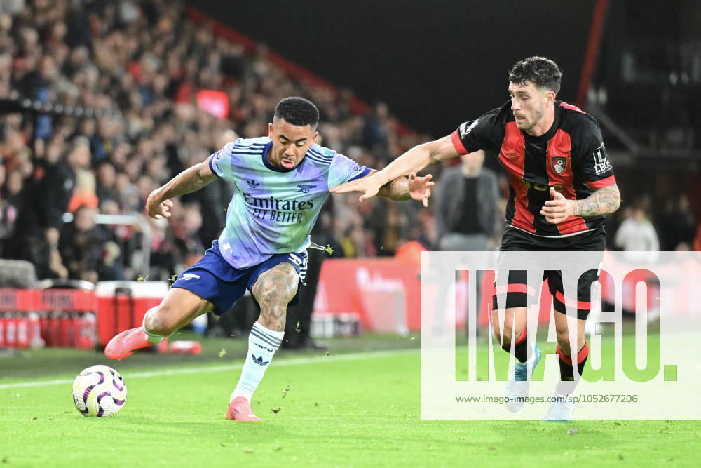 Bournemouth v Arsenal Premier League Gabriel Jesus of Arsenal tries to find a way past Marcos Senesi of Bournemouth during the Premier League match at the Vitality Stadium, Bournemouth UK Newspapers OUT