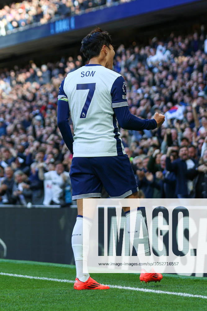 Tottenham Hotspur FC v West Ham United FC Heung-Min Son of Tottenham Hotspur scores a GOAL 4-1 and celebrates during the Tottenham Hotspur FC v West Ham United FC English Premier League match at the Tottenham Hotspur Stadium, London, England, United Kingdom on 19 October 2024 Editorial use only. All images are copyright Every Second Media Limited. No images may be reproduced without prior permission. All rights reserved. Premier League and Football League images are subject to licensing agreements with Football DataCo Limited. see https: www.football-dataco.com