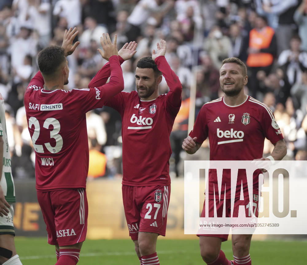 Rafa Silva (27) of Besiktas celebrates after scoring the second goal of his team with teammates during the Turkish Super League match between Besiktas and Konyaspor at Tupras Stadium on October 20, 2024 in Istanbul, Turkey. Istanbul Turkey