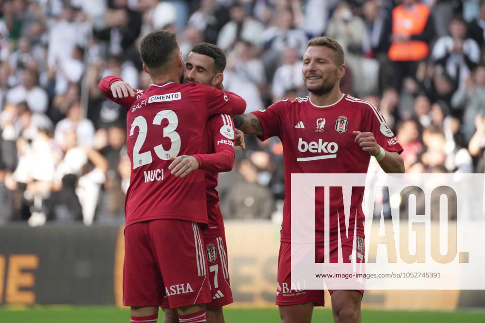 Rafa Silva (27) of Besiktas celebrates after scoring the second goal of his team with teammates during the Turkish Super League match between Besiktas and Konyaspor at Tupras Stadium on October 20, 2024 in Istanbul, Turkey. Istanbul Turkey