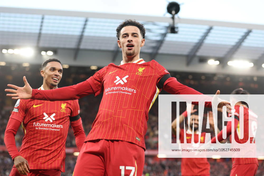 Football - 2024 2025 Premier League - Liverpool v Chelsea - Anfield - Sunday 20th October 2024 Curtis Jones of Liverpool celebrates scoring to make it 2-1