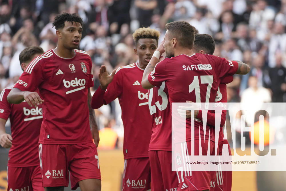 Rafa Silva (27) of Besiktas celebrates after scoring the second goal of his team with teammates during the Turkish Super League match between Besiktas and Konyaspor at Tupras Stadium on October 20, 2024 in Istanbul, Turkey. Istanbul Turkey