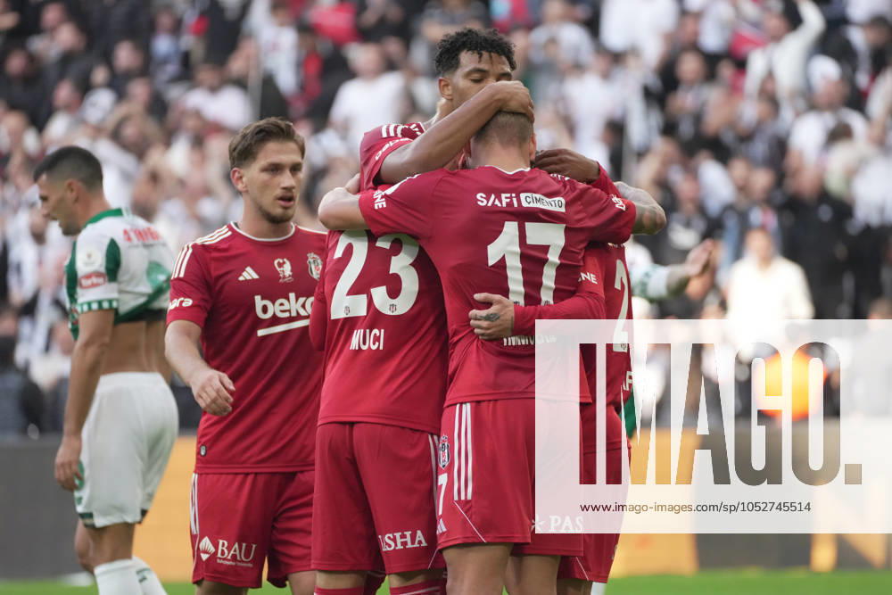 Rafa Silva (27) of Besiktas celebrates after scoring the second goal of his team with teammates during the Turkish Super League match between Besiktas and Konyaspor at Tupras Stadium on October 20, 2024 in Istanbul, Turkey. Istanbul Turkey