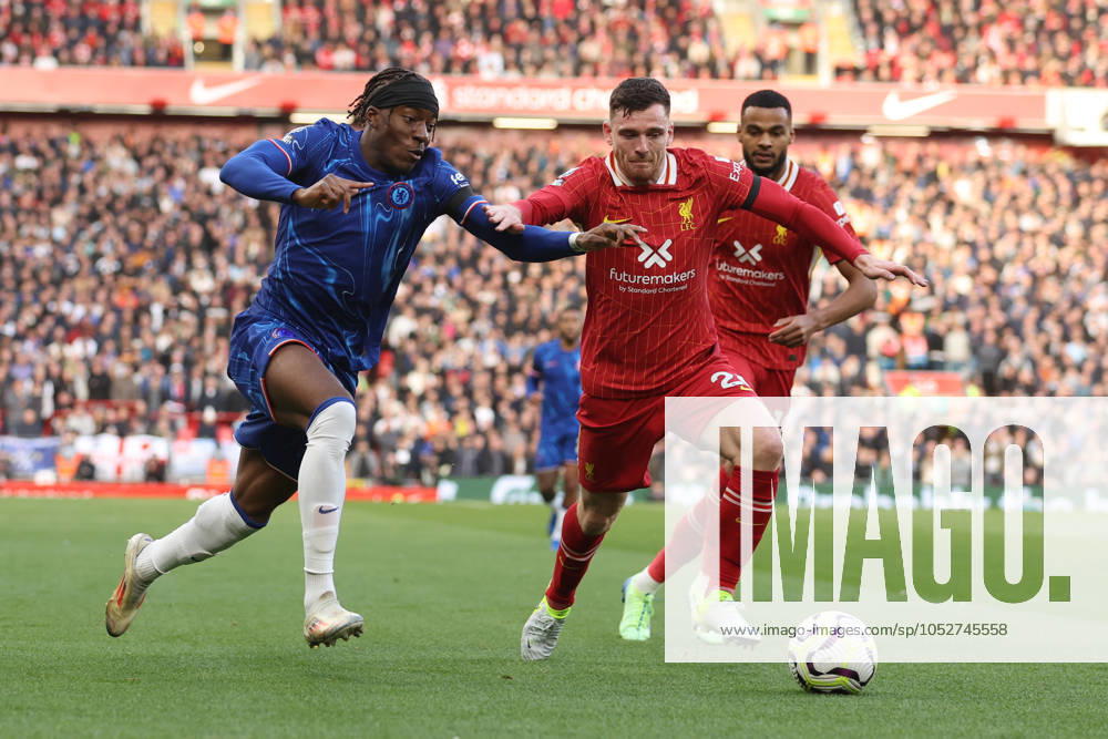 Football - 2024 2025 Premier League - Liverpool v Chelsea - Anfield - Sunday 20th October 2024 Noni Madueke of Chelsea and Andrew Robertson of Liverpool