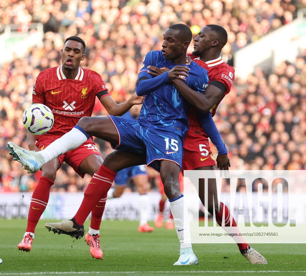 Football - 2024 2025 Premier League - Liverpool v Chelsea - Anfield - Sunday 20th October 2024 Nicolas Jackson of Chelsea and Ibrahima Konate of Liverpool