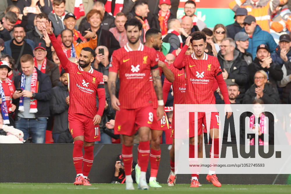 Football - 2024 2025 Premier League - Liverpool v Chelsea - Anfield - Sunday 20th October 2024 Mohamed Salah of Liverpool celebrates scoring the 1st goal