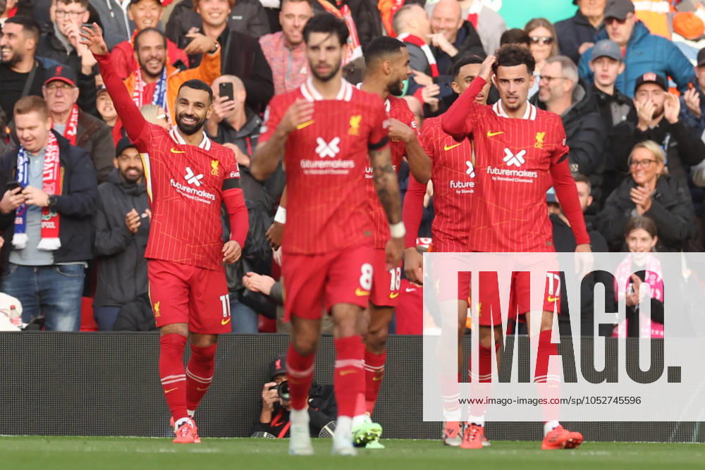 Football - 2024 2025 Premier League - Liverpool v Chelsea - Anfield - Sunday 20th October 2024 Mohamed Salah of Liverpool celebrates scoring the 1st goal