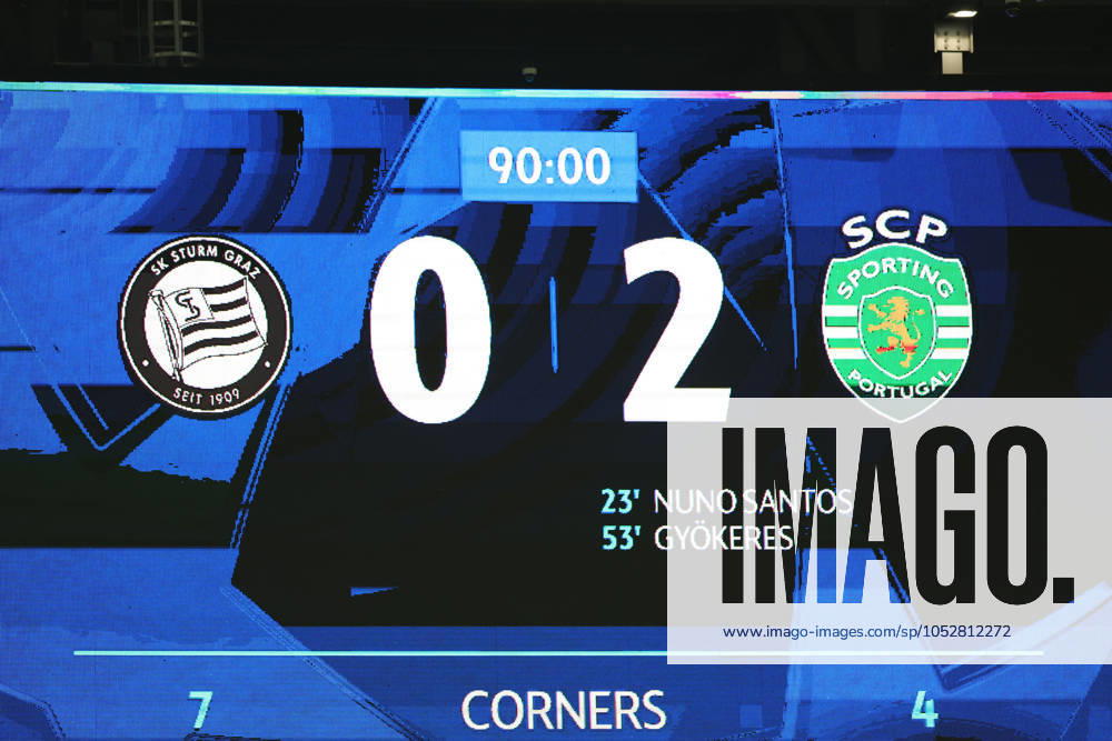 SOCCER - UEFA CL, Sturm vs Sporting KLAGENFURT,AUSTRIA,22.OCT.24 - SOCCER - UEFA Champions League, SK Sturm Graz vs Sporting CP. Image shows scoring board. GEPAxpictures Bauer
