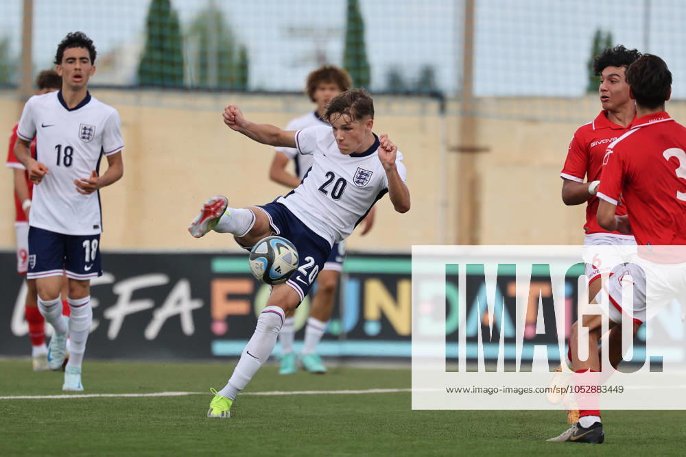 Igor Tyjon of England shoots at the Malta goal during the UEFA European Under-17 Championship 2025 Group 1 qualifying soccer match between England and Malta at the Centenary Stadium, Ta Qali, Malta on October 24, 2024. England v Malta - Under-17 Championship UEFA Qualifying 2025 UEFA_U17_QLFY_25