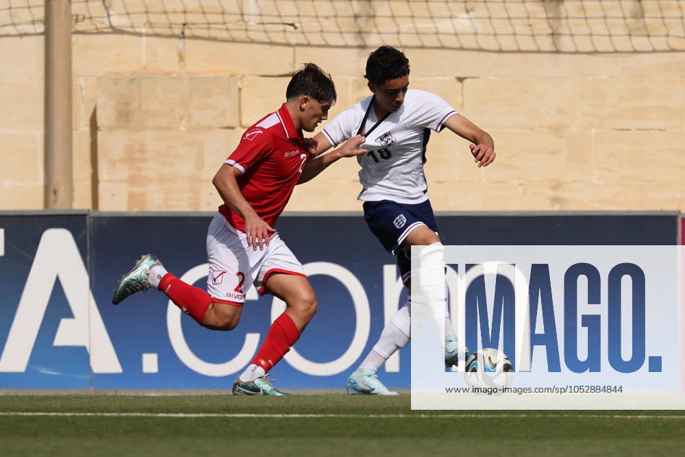 Luca Williams-Barnet (R) of England is in action during the UEFA European Under-17 Championship 2025 Group 1 qualifying soccer match between England and Malta at the Centenary Stadium, Ta Qali, Malta on October 24, 2024. England v Malta - Under-17 Championship UEFA Qualifying 2025 UEFA_U17_QLFY_25