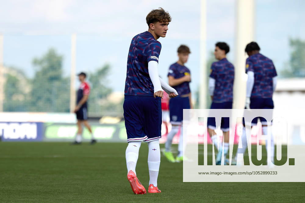 Max Dowman of England gestures during the pre-match warm up prior to the UEFA European Under-17 Championship 2025 Group 1 qualifying soccer match between England and Malta at the Centenary Stadium, Ta Qali, Malta on October 24, 2024. England v Malta - Under-17 Championship UEFA Qualifying 2025 UEFA_U17_QLFY_25