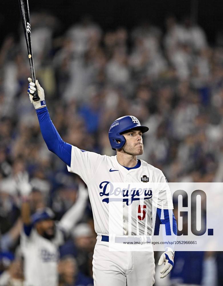 Baseball: World Series Freddie Freeman of the Los Angeles Dodgers reacts after hitting a walk-off grand slam in the 10th inning of Game 1 of the World Series against the New York Yankees at Dodger Stadium in Los Angeles on Oct. 25, 2024. A14AA0003639555P