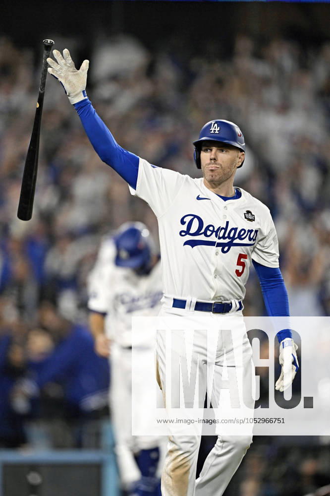 Baseball: World Series Freddie Freeman of the Los Angeles Dodgers reacts after hitting a walk-off grand slam in the 10th inning of Game 1 of the World Series against the New York Yankees at Dodger Stadium in Los Angeles on Oct. 25, 2024. A14AA0003639628P