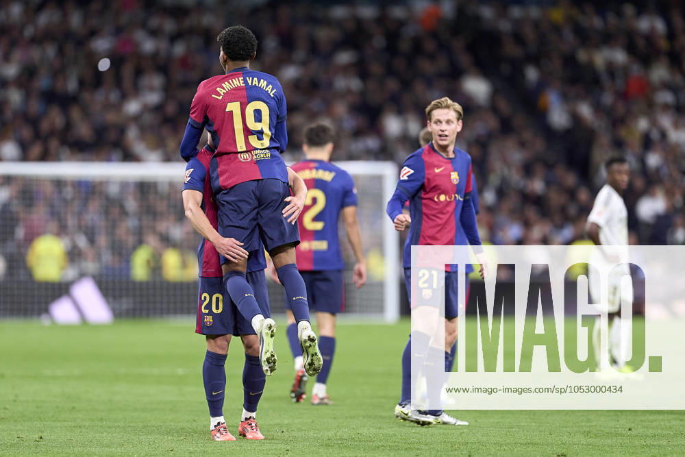 Lamine Yamal of FC Barcelona, Barca celebrates with Dani Olmo of FC Barcelona after scoring his team s third goal during the LaLiga EA Sports match between Real Madrid CF and FC Barcelona at Estadio Santiago Bernabeu on October 26, 2024 in Madrid, Spain. (Photo by: LGM Panoramic) FOOTBALL : Real Madrid CF vs FC Barcelona- LaLiga EA Sports - 26 10 2024 LGM Panoramic
