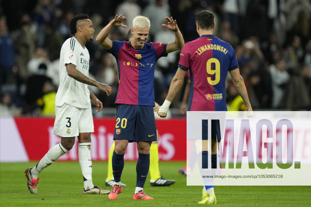 ESP: Real Madrid v FC Barcelona, Barca La Liga EA Sports. Date 11 Dani Olmo and Robert Lewandowski of FC Barcelona celebrating goal during the La Liga EA Sports match between Real Madrid and FC Barcelona played at Santiago Bernabeu Stadium on October, 2024 in Madrid, Spain. Contributor