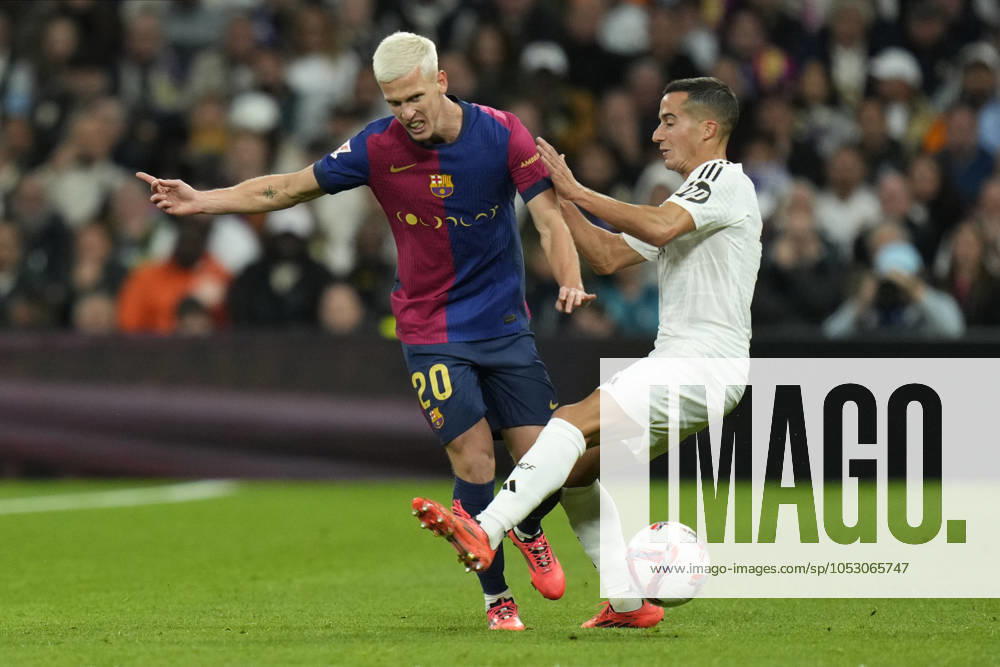 ESP: Real Madrid v FC Barcelona, Barca La Liga EA Sports. Date 11 Dani Olmo of FC Barcelona and Lucas Vazquez of Real Madrid CF during the La Liga EA Sports match between Real Madrid and FC Barcelona played at Santiago Bernabeu Stadium on October, 2024 in Madrid, Spain. Contributor