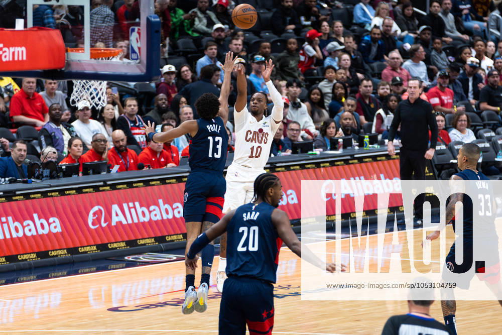 Darius Garland 10 of the Cleveland Cavaliers shoots a three point basket during the game against the Washington Wizards, at Capital One Arena. Washington USA - ZUMA 20241026_mda_s352_096