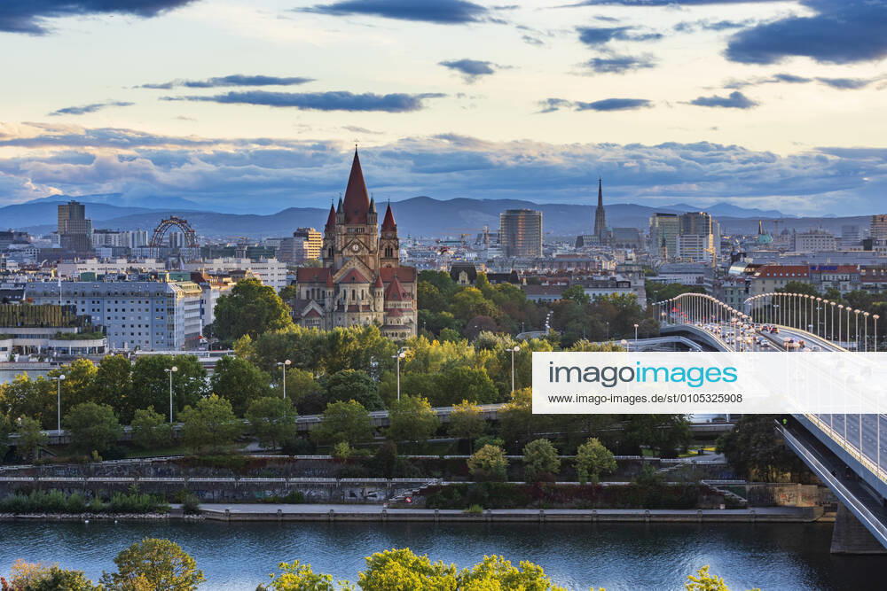 Vienna city center, river Donau (Danube), bridge Reichsbrücke, church Franz von Assisi, cathedral Stephansdom, Ferris Wheel in Prater Wien, Vienna Wien Austria 00. overview