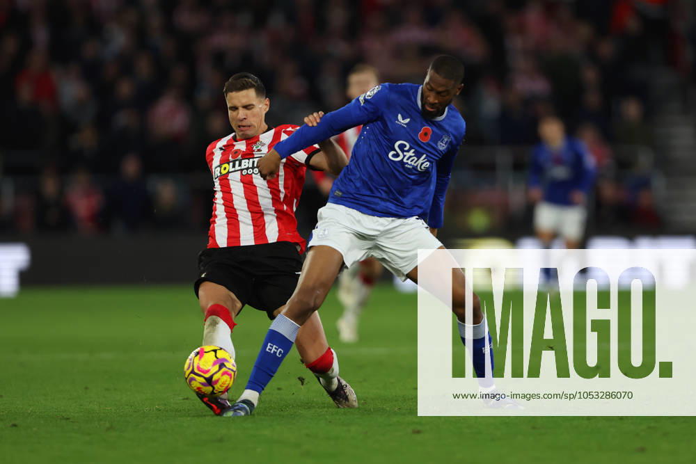 Football - 2024 2025 Premier League - Southampton vs Everton - St Marys Stadium - Saturday 2nd November 2024 Jan Bednarek of Southampton tackles Beto of Everton during the Premier League match at St Marys Stadium COLORSPORT Shaun Boggust