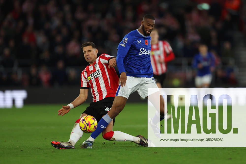 Football - 2024 2025 Premier League - Southampton vs Everton - St Marys Stadium - Saturday 2nd November 2024 Jan Bednarek of Southampton tackles Beto of Everton during the Premier League match at St Marys Stadium COLORSPORT Shaun Boggust