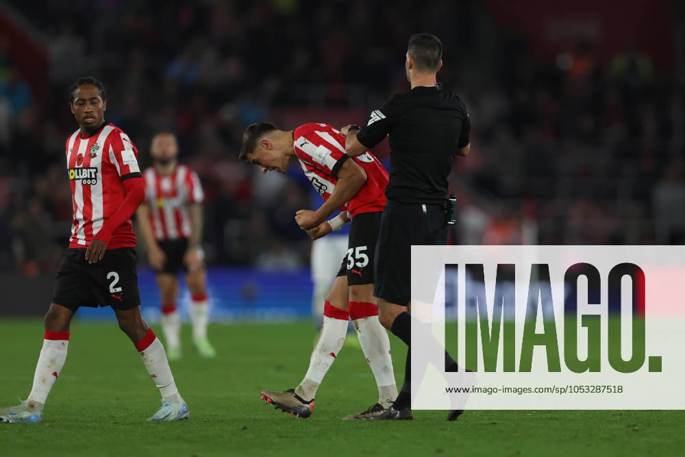 Football - 2024 2025 Premier League - Southampton vs Everton - St Marys Stadium - Saturday 2nd November 2024 Jan Bednarek of Southampton celebrates as Referee Mr Andy Madley gives the VAR verdict of offside for Evertons equaliser during the Premier League match at St Marys Stadium COLORSPORT Shaun Boggust