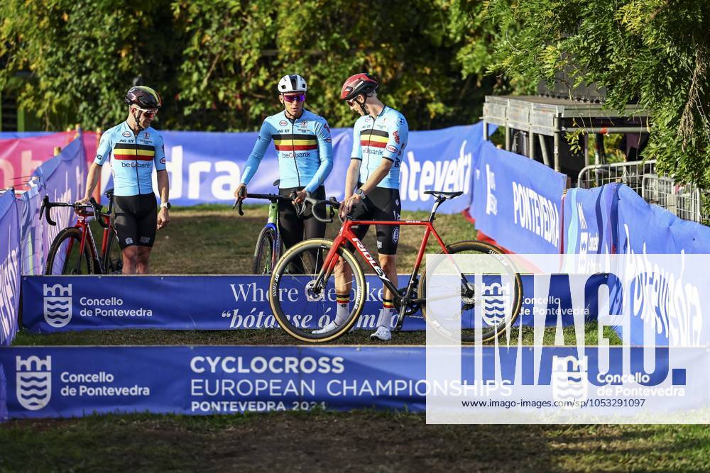 Belgian Eli Iserbyt, Belgian Michael Vanthourenhout and Belgian Thibau Nys pictured during preparations on the track of tomorrow s European Championships cyclocross cycling in Pontevedra, Spain, Saturday 02 November 2024. DAVIDxPINTENS x104353386x