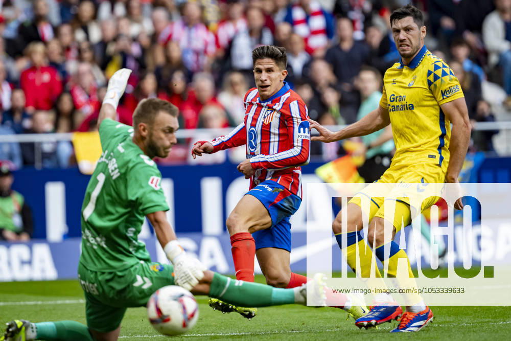 Atletico de Madrid vs UD Las Palmas - La Liga EA Sports 2024 25 Giuliano Simeone of Atletico de Madrid (C) attempts a kick to score a goal between Jacobus Cillessen of UD Las Palmas (L) and Scott McKenna of UD Las Palmas (R) during the La Liga EA Sports 2024 25 football match between Atletico de Madrid and UD Las Palmas at Estadio Riyadh Air Metropolitano on November 03, 2024 in Madrid, Spain. Madrid Estadio Riyadh Air Metropolitan Madrid Spain