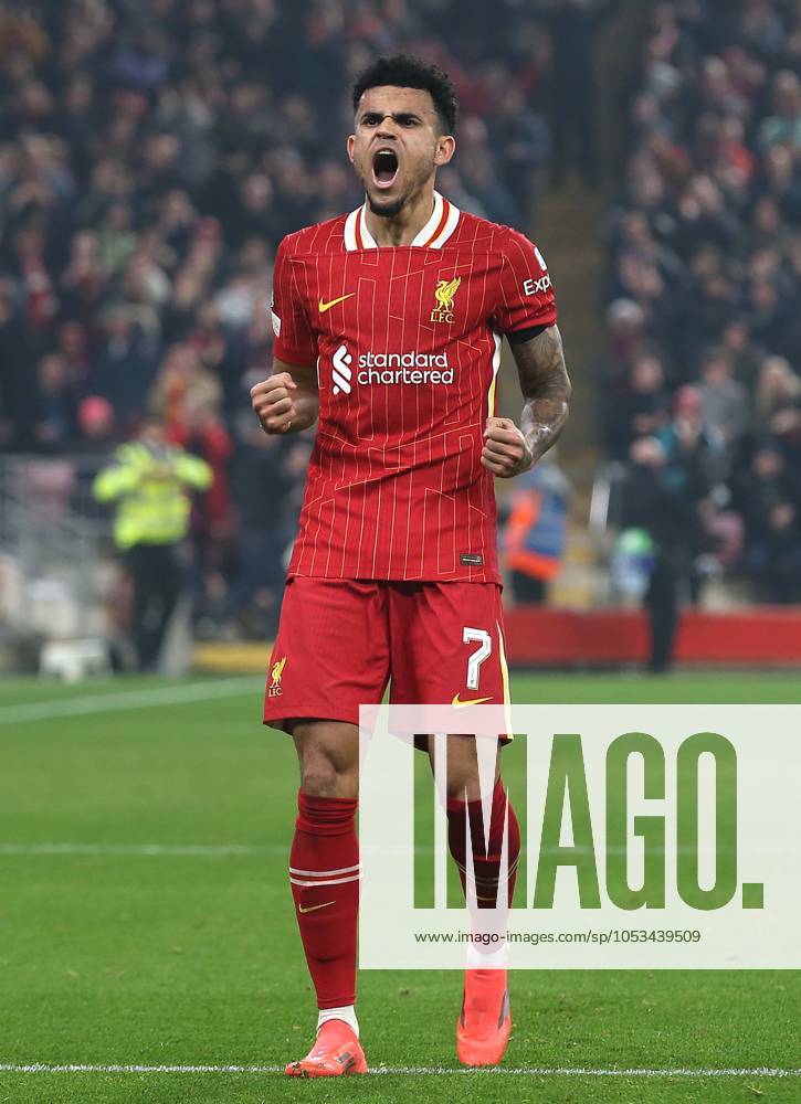- Liverpool v Bayer 04 Leverkusen, UEFA Champions League, League Phase, Anfield Stadium, Liverpool, UK - 5th November 2024. Daniel Weir Crystal Pix GOAL 3-0, Luis Diaz of Liverpool goal celebration. - Liverpool v Bayer 04 Leverkusen, UEFA Champions League, League Phase, Anfield Stadium, Liverpool, UK - 5th November 2024. Daniel Weir Crystal Pix Liverpool Anfield Stadium UK