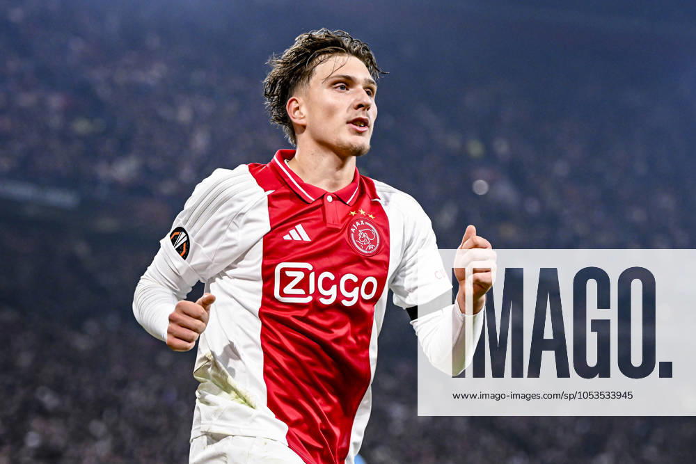 AFC Ajax Amsterdam forwarder Mika Godts celebrating the goal 3-0, during the match Ajax - Maccabi Tel Aviv at the Johan Cruijff ArenA for the UEFA Europa League - League phase - Matchday 4 season 2024-2025 in AMSTERDAM, Netherlands on 7 november 2024, (photo by Stefan Koops EYE4images DeFodi Images) not used in POL SRB CRO FRA GBR NED ITA USA Defodi-746_198842