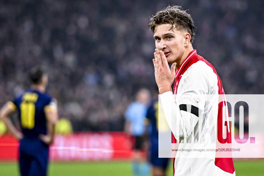AFC Ajax Amsterdam forwarder Mika Godts celebrating the goal 3-0, during the match Ajax - Maccabi Tel Aviv at the Johan Cruijff ArenA for the UEFA Europa League - League phase - Matchday 4 season 2024-2025 in AMSTERDAM, Netherlands on 7 november 2024, (photo by Stefan Koops EYE4images DeFodi Images) not used in POL SRB CRO FRA GBR NED ITA USA Defodi-746_198843