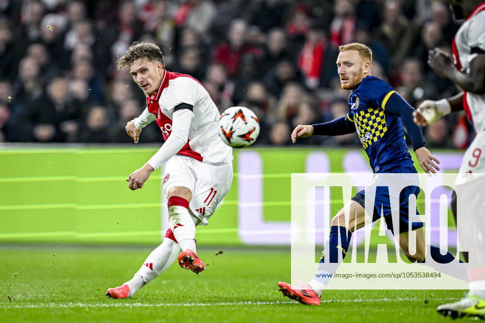 AFC Ajax Amsterdam forwarder Mika Godts, during the match Ajax - Maccabi Tel Aviv at the Johan Cruijff ArenA for the UEFA Europa League - League phase - Matchday 4 season 2024-2025 in AMSTERDAM, Netherlands on 7 november 2024, (photo by Stefan Koops EYE4images DeFodi Images) not used in POL SRB CRO FRA GBR NED ITA USA Defodi-746_198913