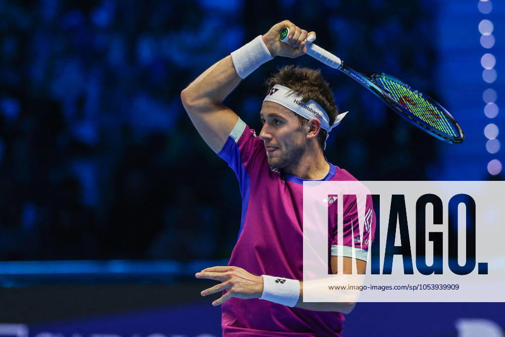 TENNIS - Internazionali di Tennis - Nitto ATP, Tennis Herren Finals - Ruud vs Rublev Casper Ruud of Norway seen in actions during Men s Singles Group Stage match against Andrey Rublev of Russia on day six of the Nitto ATP Finals 2024 at Inalpi Arena. Casper Ruud wins 6-4, 5-7, 6-2 over Andrey Rublev Turin Italy