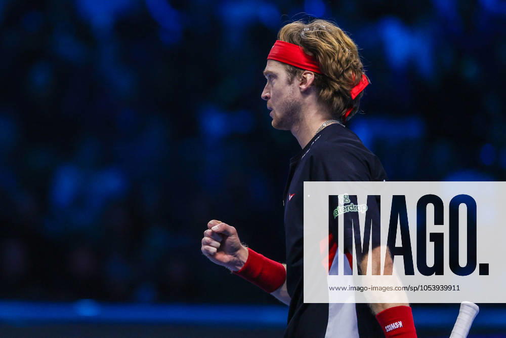 TENNIS - Internazionali di Tennis - Nitto ATP, Tennis Herren Finals - Ruud vs Rublev Andrey Rublev of Russia celebrates during Men s Singles Group Stage match against Casper Ruud of Norway on day six of the Nitto ATP Finals 2024 at Inalpi Arena. Casper Ruud wins 6-4, 5-7, 6-2 over Andrey Rublev Turin Italy