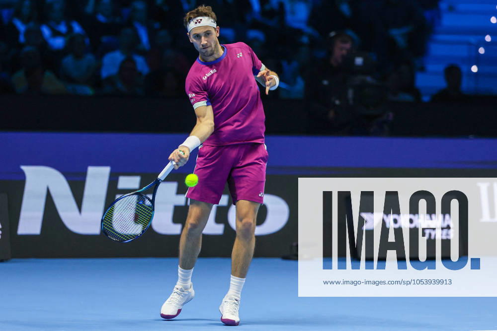 TENNIS - Internazionali di Tennis - Nitto ATP, Tennis Herren Finals - Ruud vs Rublev Casper Ruud of Norway seen in actions during Men s Singles Group Stage match against Andrey Rublev of Russia on day six of the Nitto ATP Finals 2024 at Inalpi Arena. Casper Ruud wins 6-4, 5-7, 6-2 over Andrey Rublev Turin Italy