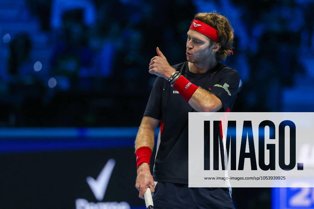 TENNIS - Internazionali di Tennis - Nitto ATP, Tennis Herren Finals - Ruud vs Rublev Andrey Rublev of Russia reacts during Men s Singles Group Stage match against Casper Ruud of Norway on day six of the Nitto ATP Finals 2024 at Inalpi Arena. Casper Ruud wins 6-4, 5-7, 6-2 over Andrey Rublev Turin Italy